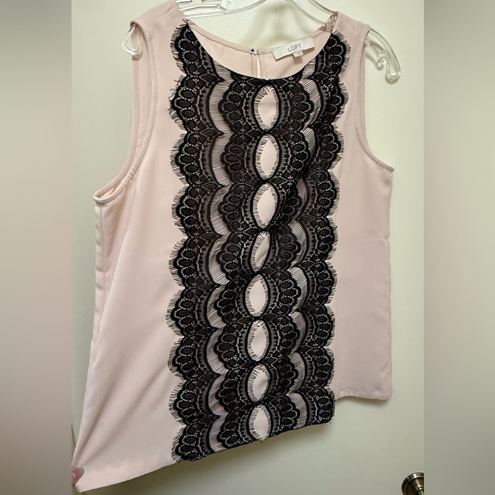 LOFT Blush Top with Black Lace Overlay